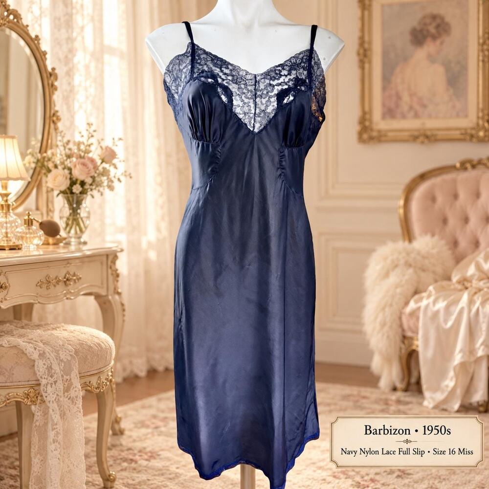Vintage Barbizon Lingerie 1950s Navy Nylon Lace Full Slip Size 16 Miss
